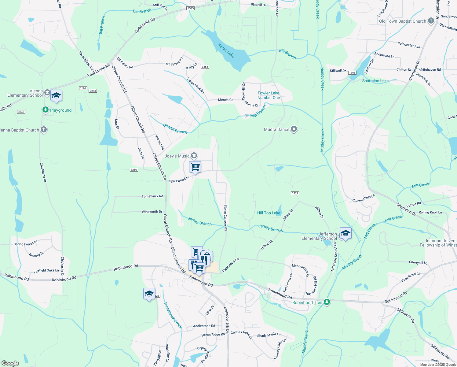 map of restaurants, bars, coffee shops, grocery stores, and more near 2151 Storm Canyon Road in Winston-Salem
