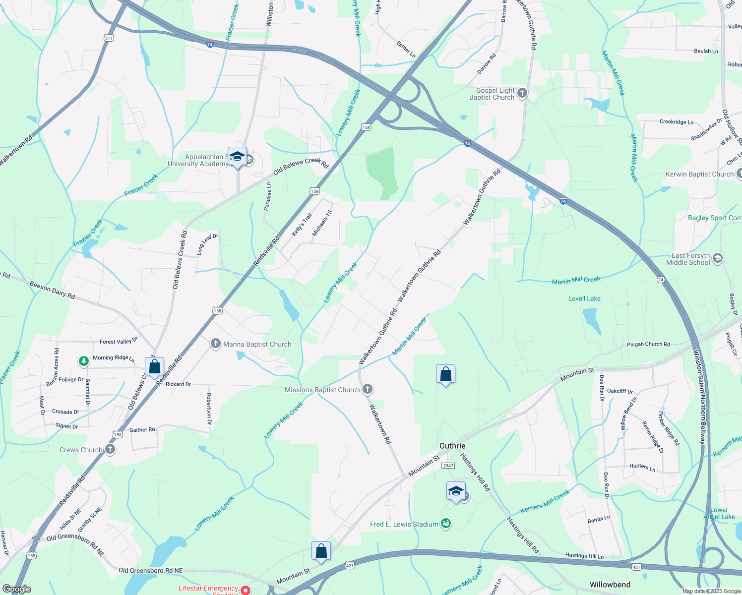 map of restaurants, bars, coffee shops, grocery stores, and more near 4055 Deamon Court in Winston Salem