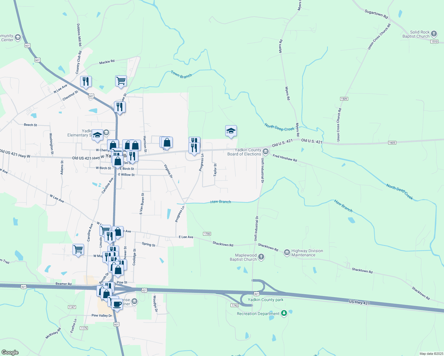 map of restaurants, bars, coffee shops, grocery stores, and more near 609 Alan Drive in Yadkinville