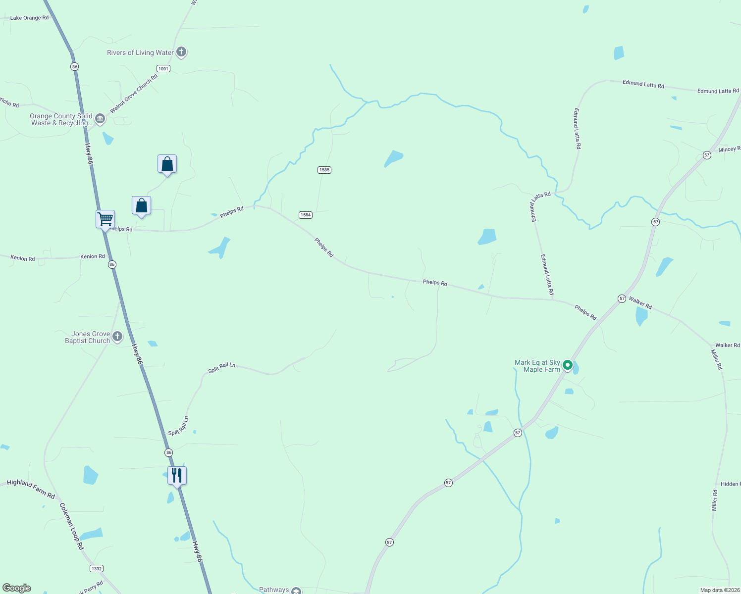 map of restaurants, bars, coffee shops, grocery stores, and more near 1223 Phelps Road in Hillsborough