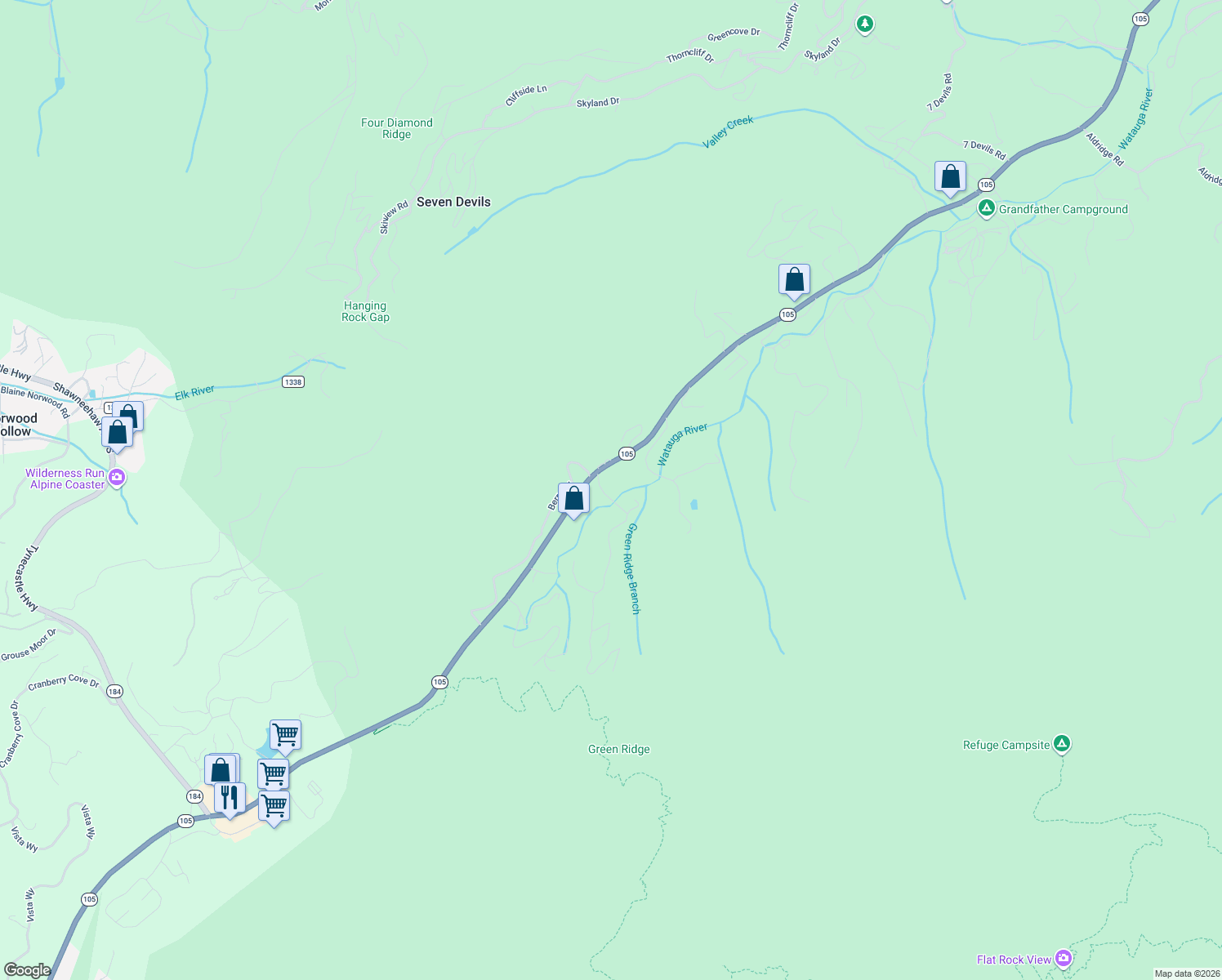 map of restaurants, bars, coffee shops, grocery stores, and more near 155 The Glens Boulevard in Banner Elk