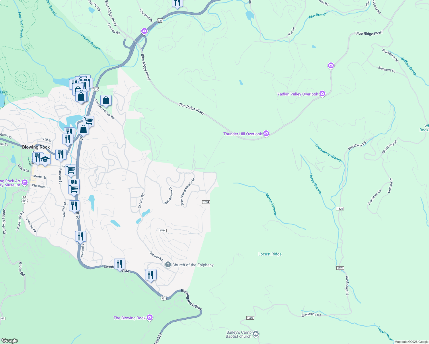 map of restaurants, bars, coffee shops, grocery stores, and more near 296 Heather Ridge Lane in Blowing Rock