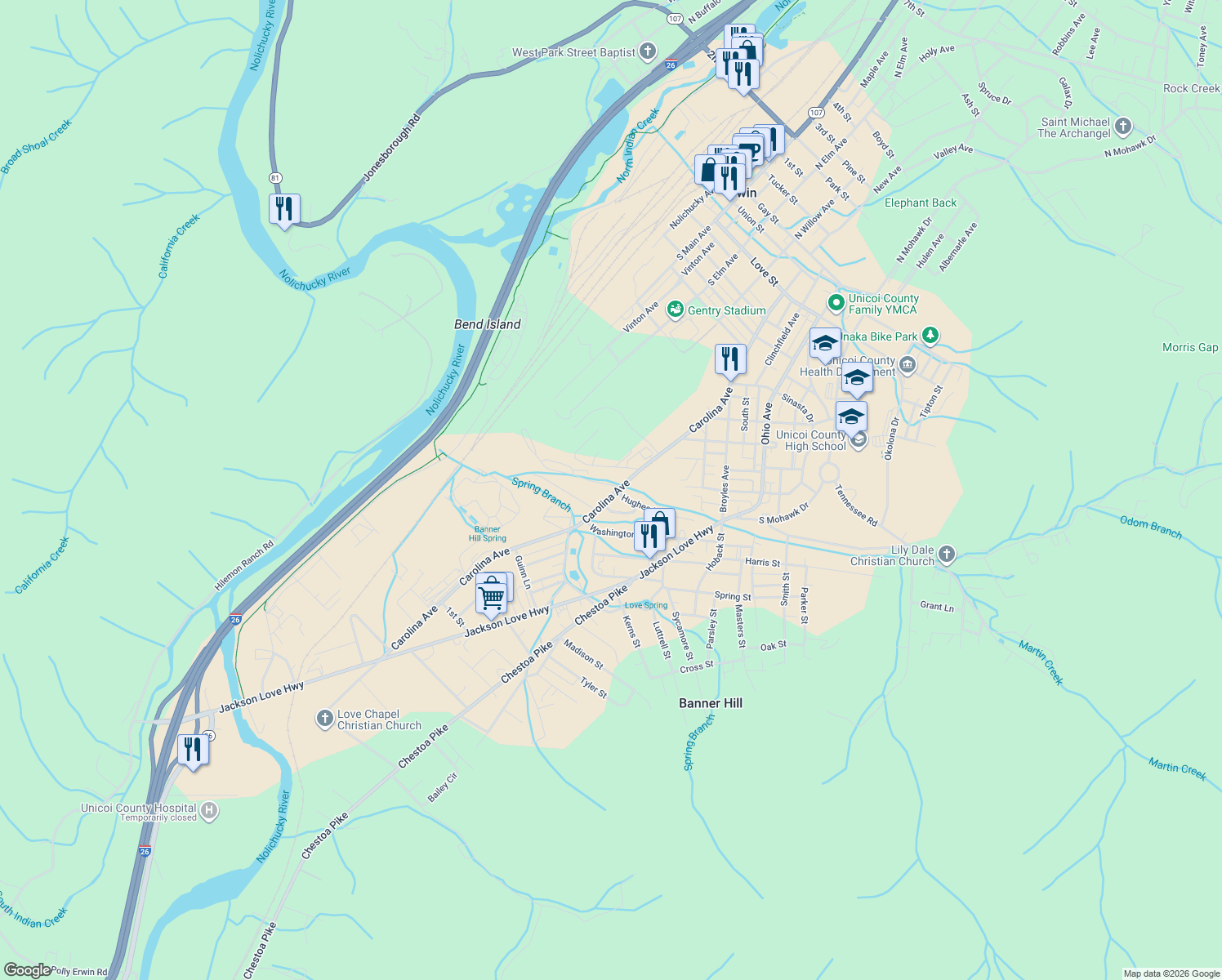 map of restaurants, bars, coffee shops, grocery stores, and more near 801 Carolina Avenue in Erwin