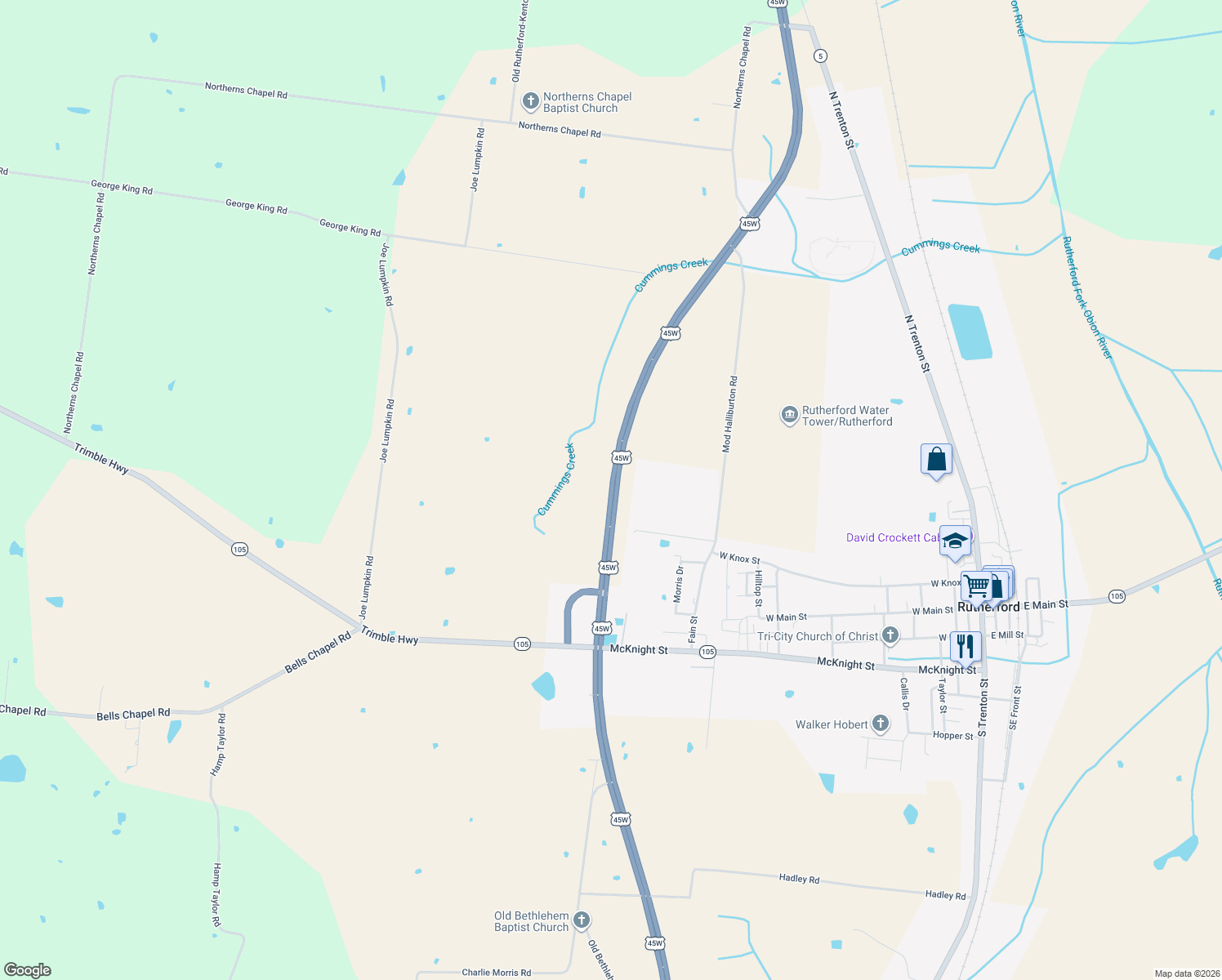 map of restaurants, bars, coffee shops, grocery stores, and more near U.S. 45W in Rutherford