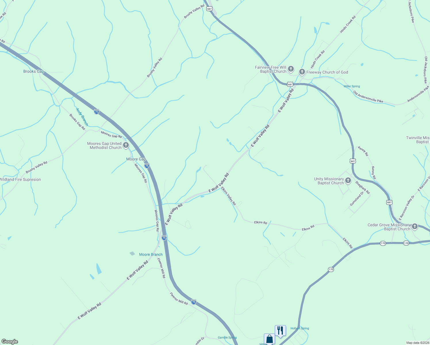 map of restaurants, bars, coffee shops, grocery stores, and more near 350 E Wolf Valley Rd in Heiskell