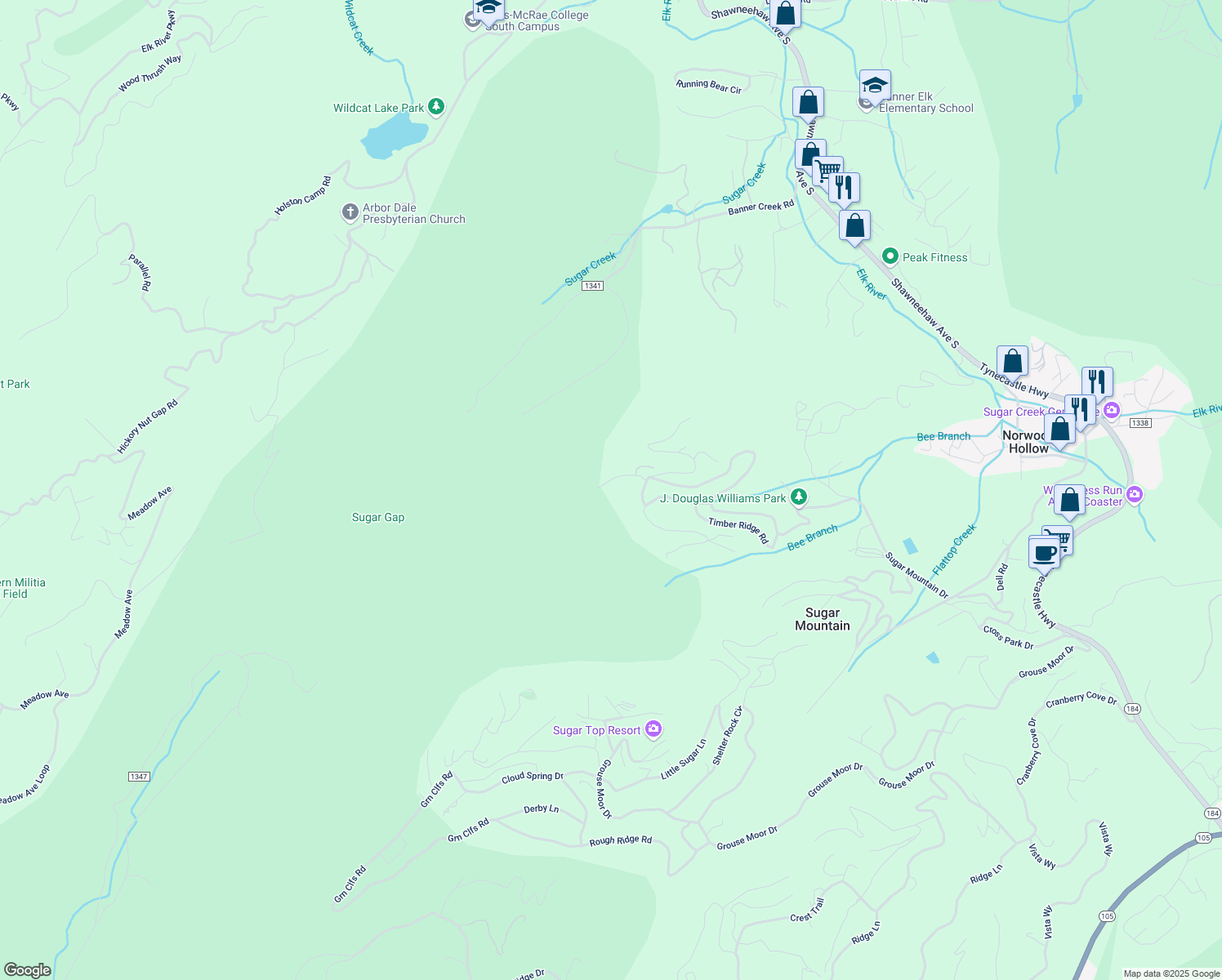 map of restaurants, bars, coffee shops, grocery stores, and more near 161-131 Highland Lane in Sugar Mountain