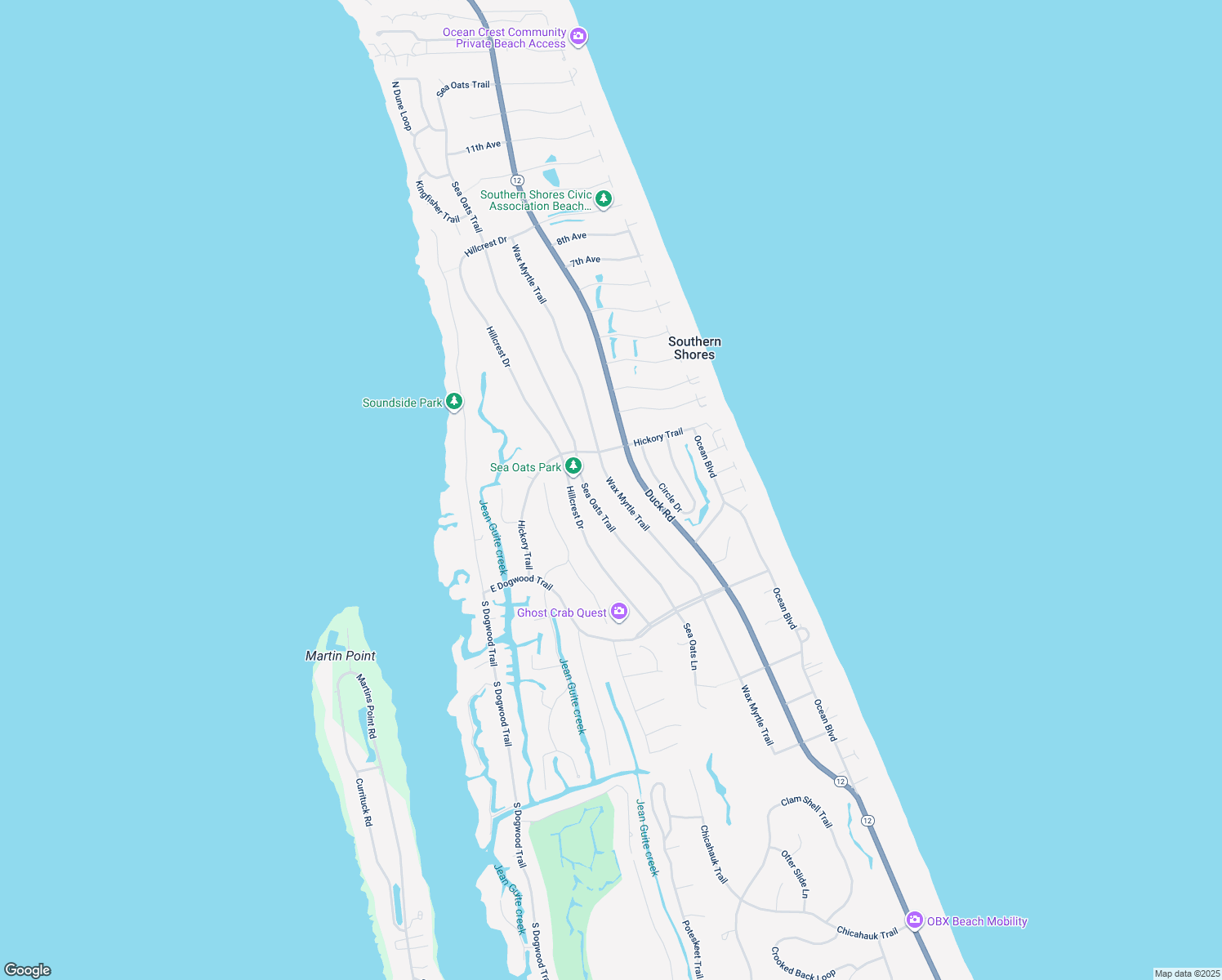 map of restaurants, bars, coffee shops, grocery stores, and more near 249 Wax Myrtle Trail in Kitty Hawk