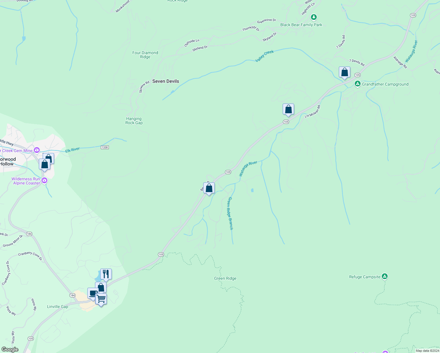 map of restaurants, bars, coffee shops, grocery stores, and more near 9311 North C Highway in Banner Elk