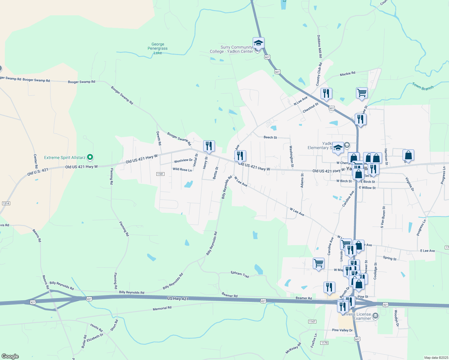 map of restaurants, bars, coffee shops, grocery stores, and more near 1016 Billy Reynolds Rd in Yadkinville