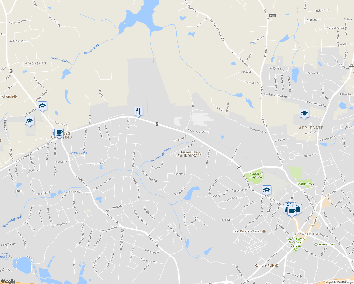 map of restaurants, bars, coffee shops, grocery stores, and more near 127 Crestland Drive in Kernersville