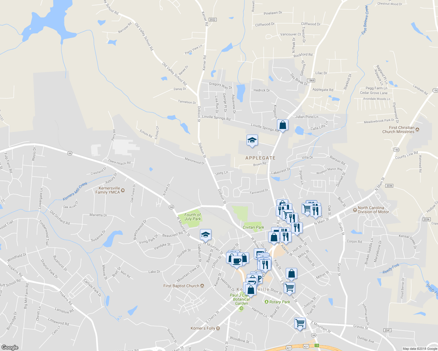 map of restaurants, bars, coffee shops, grocery stores, and more near 102 Unity Lane in Kernersville