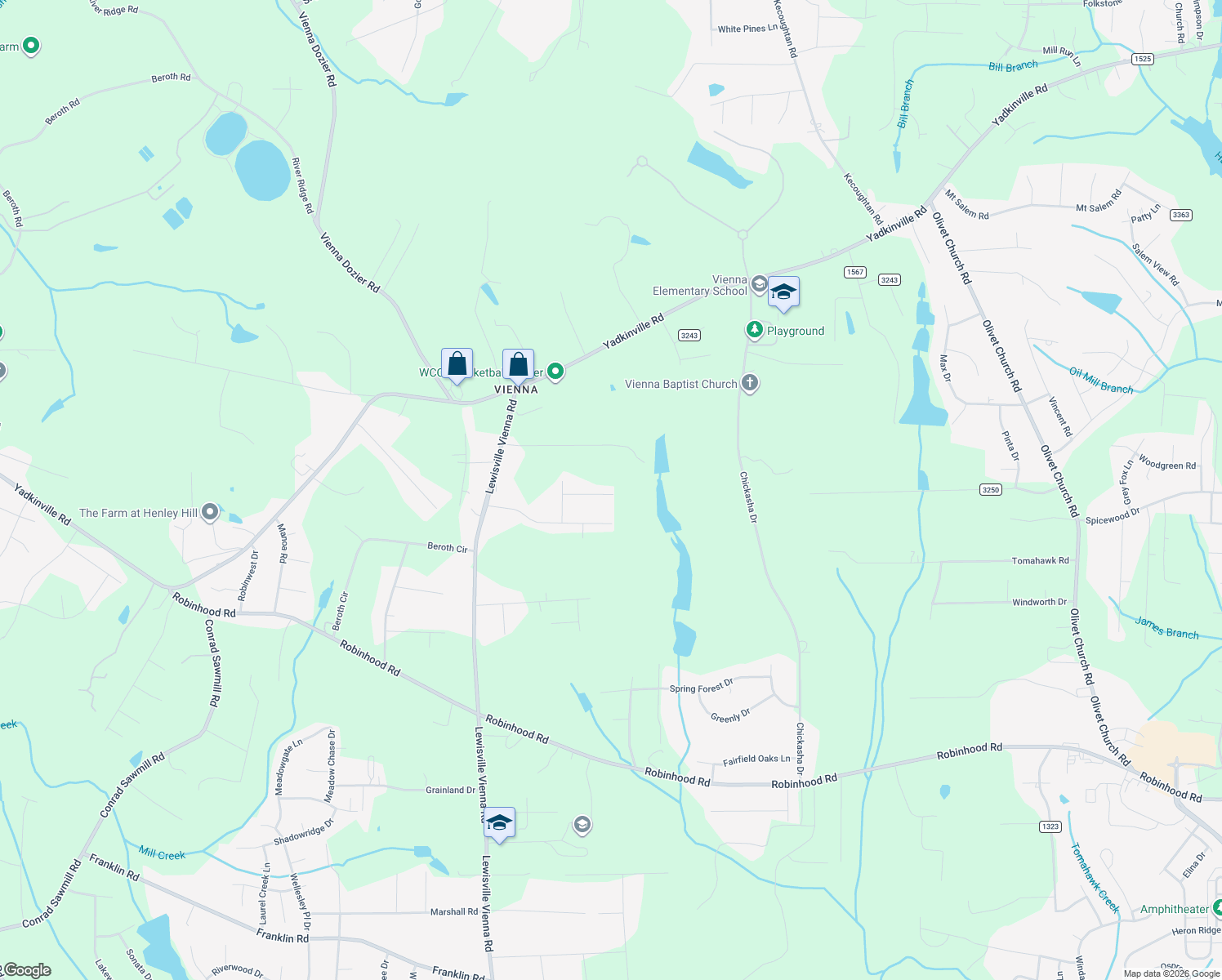 map of restaurants, bars, coffee shops, grocery stores, and more near 6068 Olde Farm Drive in Pfafftown