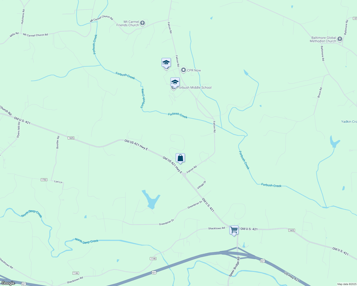 map of restaurants, bars, coffee shops, grocery stores, and more near 2188 Walnut Crossing Run in Yadkinville