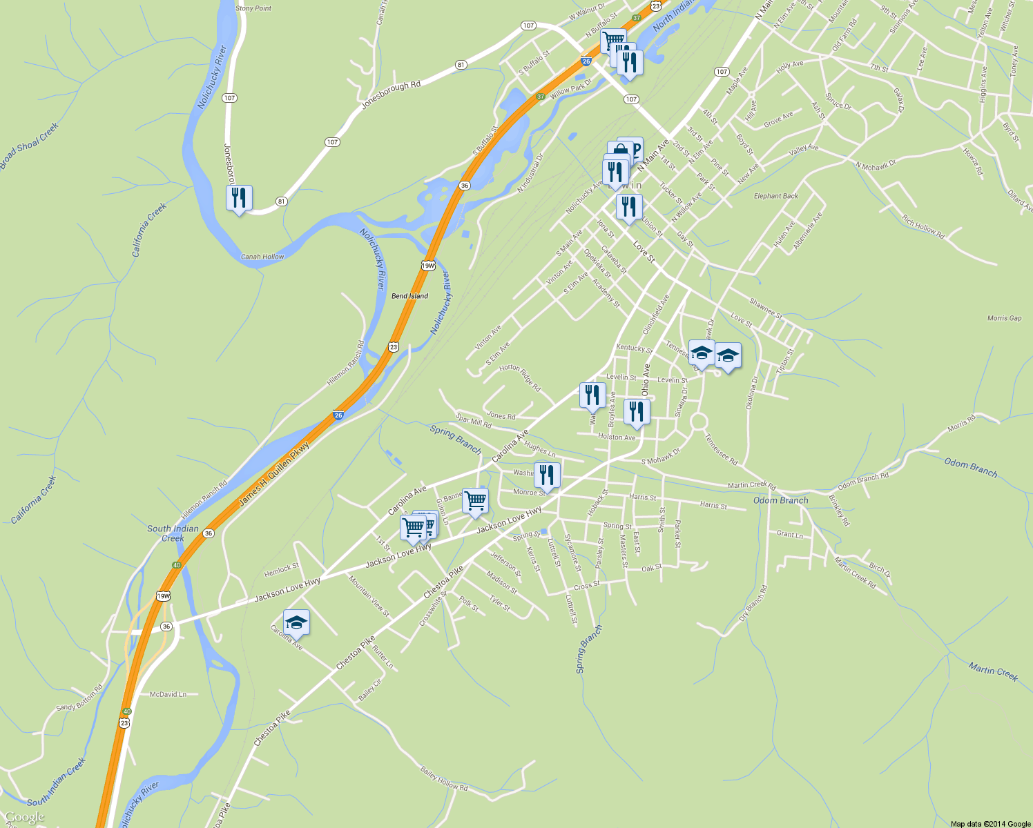 map of restaurants, bars, coffee shops, grocery stores, and more near 101 Spar St in Erwin