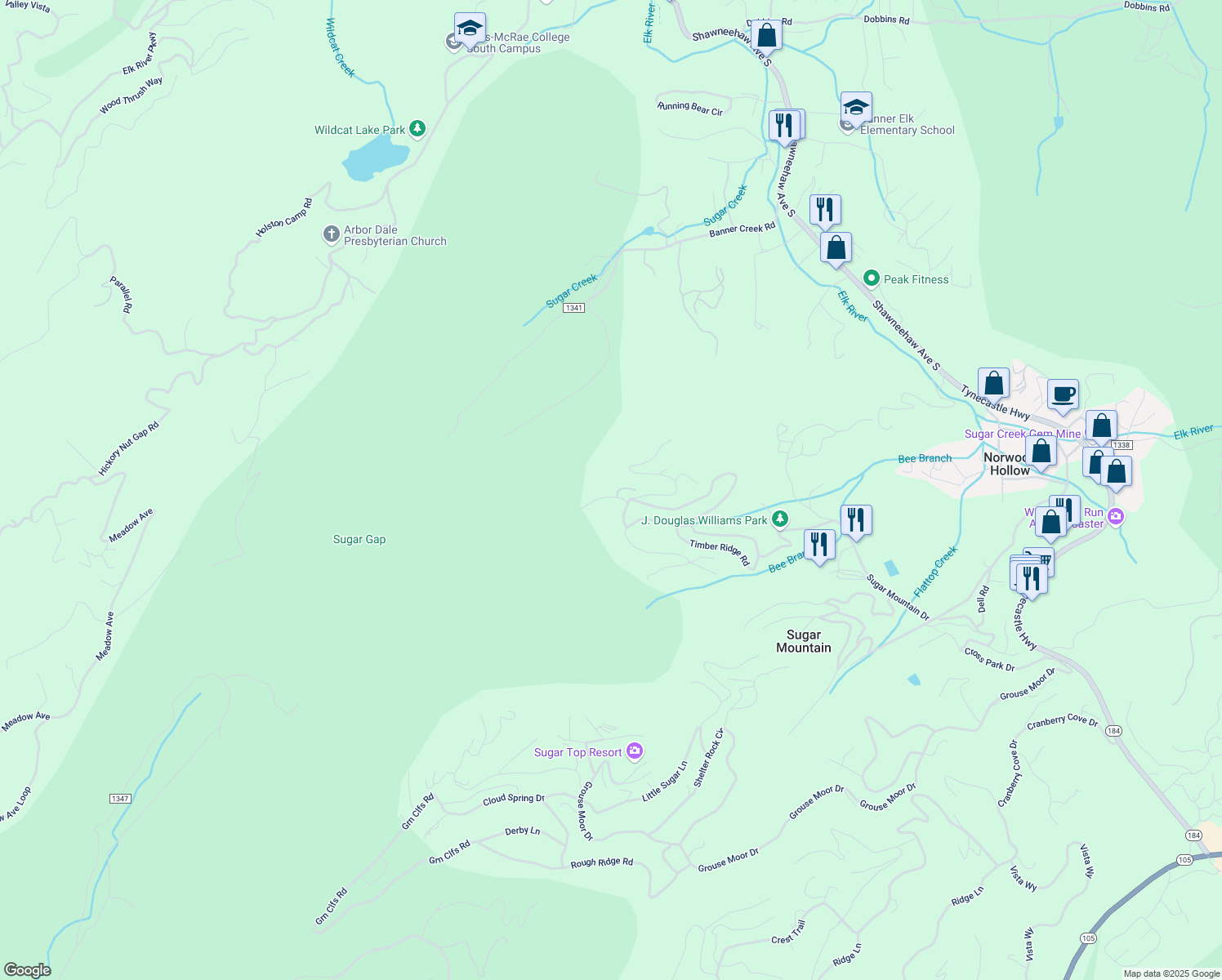map of restaurants, bars, coffee shops, grocery stores, and more near 161 Highland Lane in Sugar Mountain
