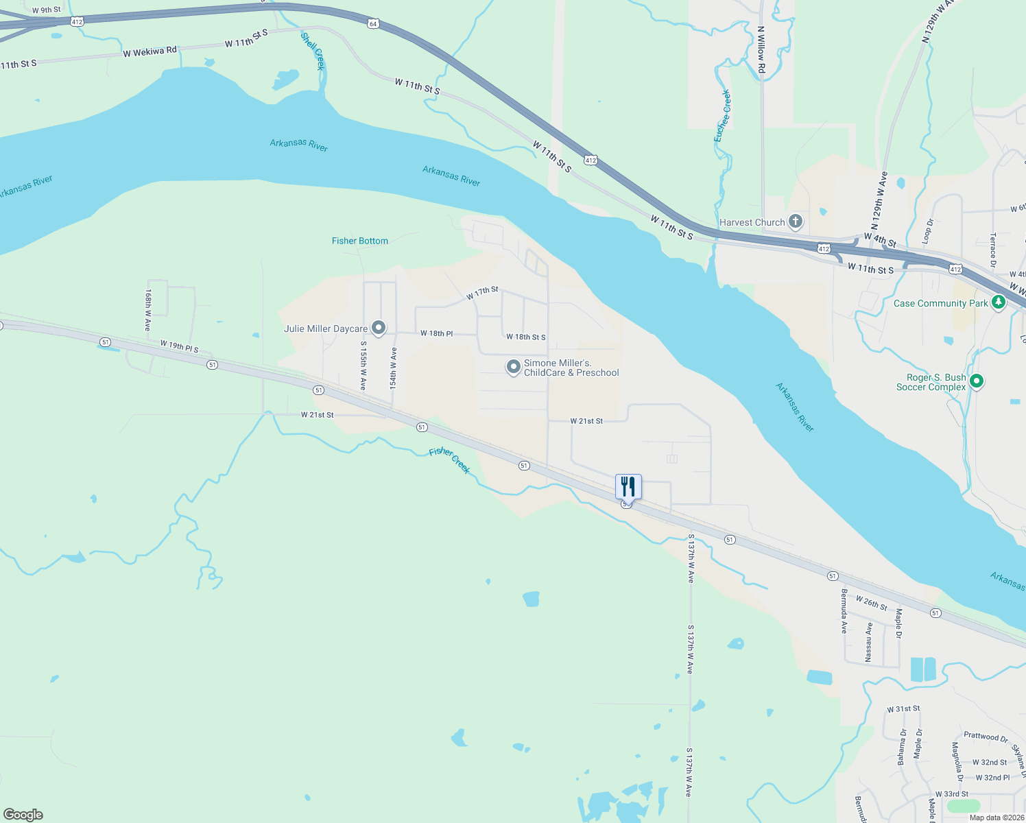map of restaurants, bars, coffee shops, grocery stores, and more near 14512 20th Place in Sand Springs