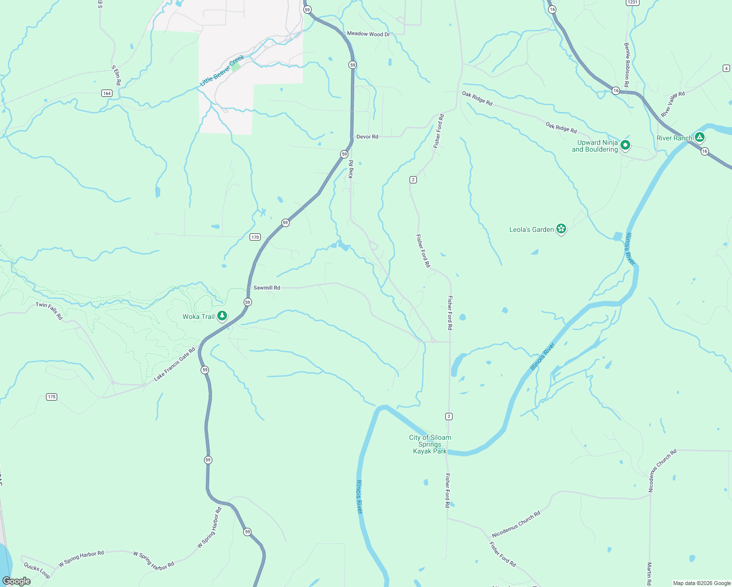 map of restaurants, bars, coffee shops, grocery stores, and more near 21940 Sawmill Road in Siloam Springs