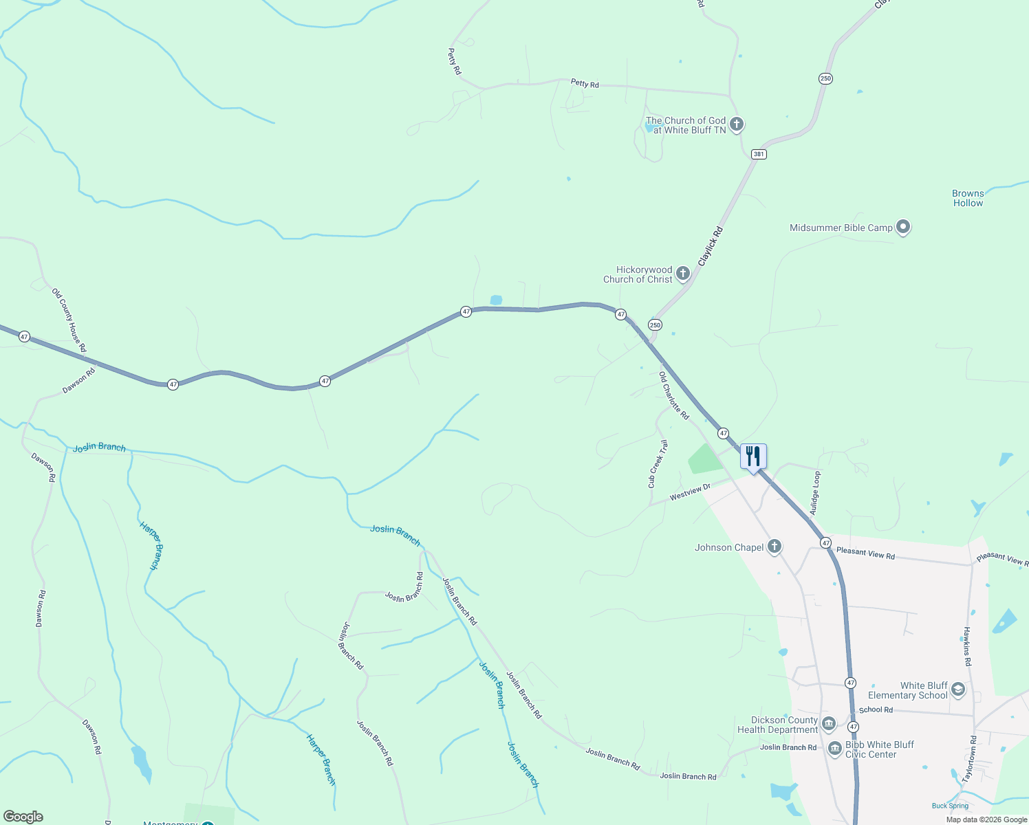 map of restaurants, bars, coffee shops, grocery stores, and more near 150 Mutt Rd in White Bluff