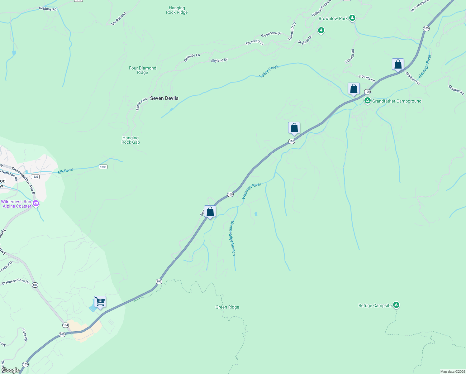 map of restaurants, bars, coffee shops, grocery stores, and more near 184 Dutch Treat Road in Banner Elk