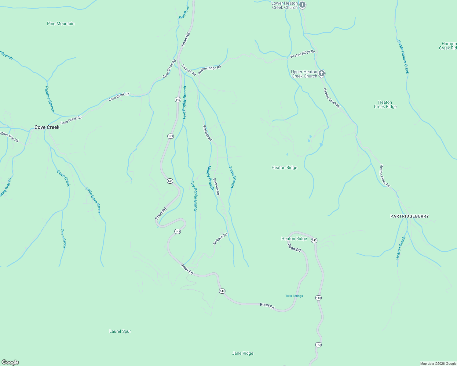 map of restaurants, bars, coffee shops, grocery stores, and more near Toms Creek Drive in Roan Mountain