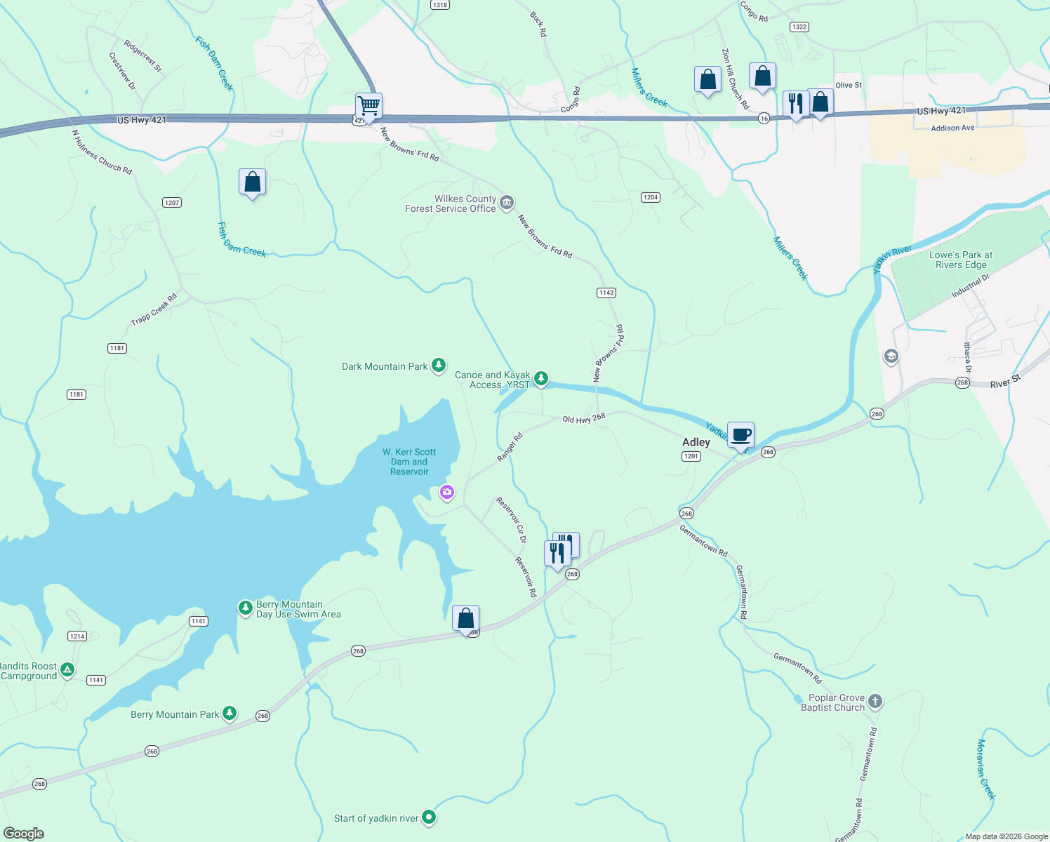map of restaurants, bars, coffee shops, grocery stores, and more near 193 Ranger Road in Wilkesboro
