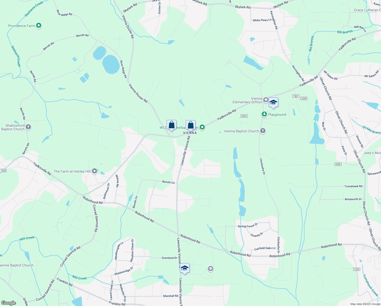 map of restaurants, bars, coffee shops, grocery stores, and more near 1010 Vienna Forest Drive in Pfafftown