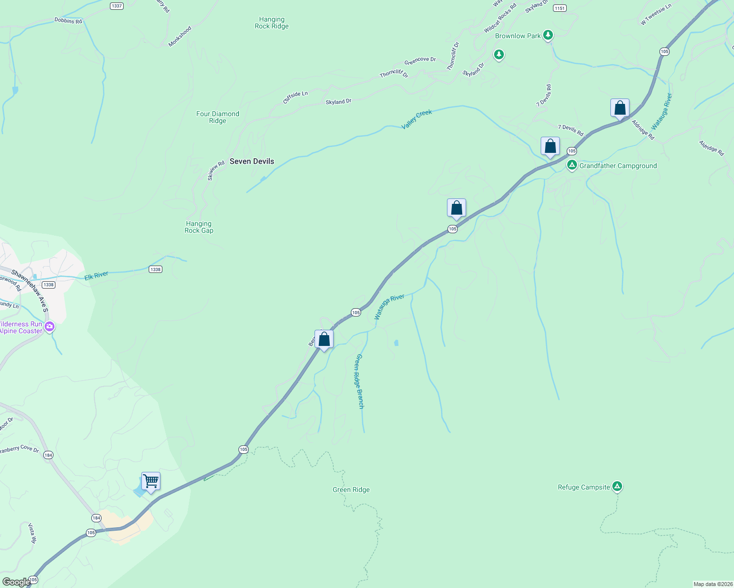 map of restaurants, bars, coffee shops, grocery stores, and more near 184 Dutch Treat Road in Banner Elk
