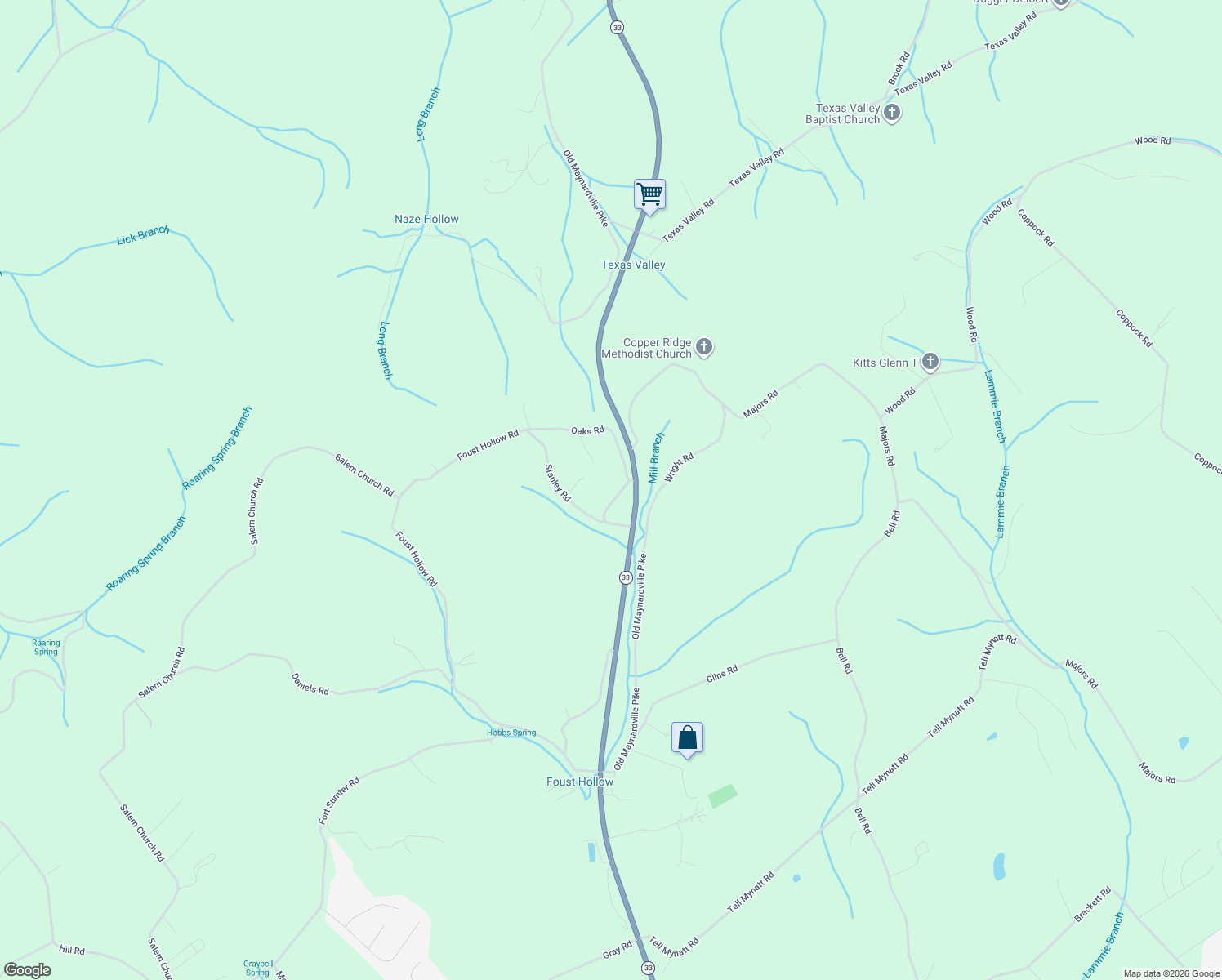 map of restaurants, bars, coffee shops, grocery stores, and more near 8713 Old Maynardville Pike in Knoxville