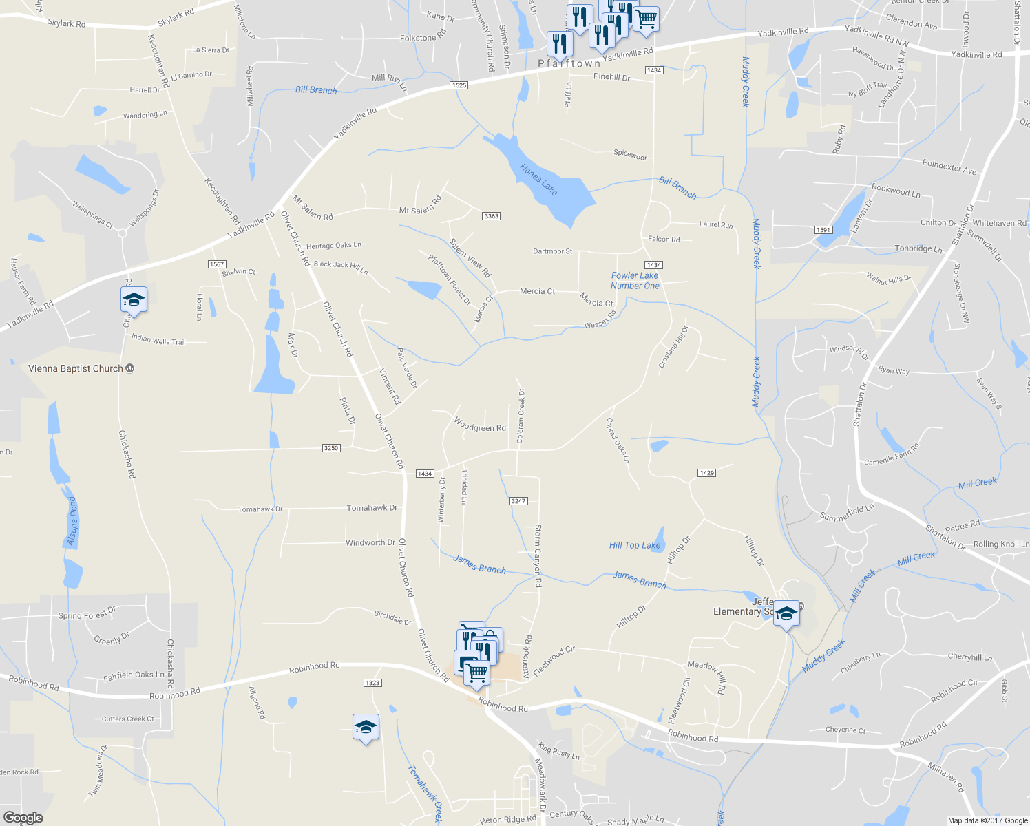 map of restaurants, bars, coffee shops, grocery stores, and more near 2251 Chipwood Lane in Winston-Salem