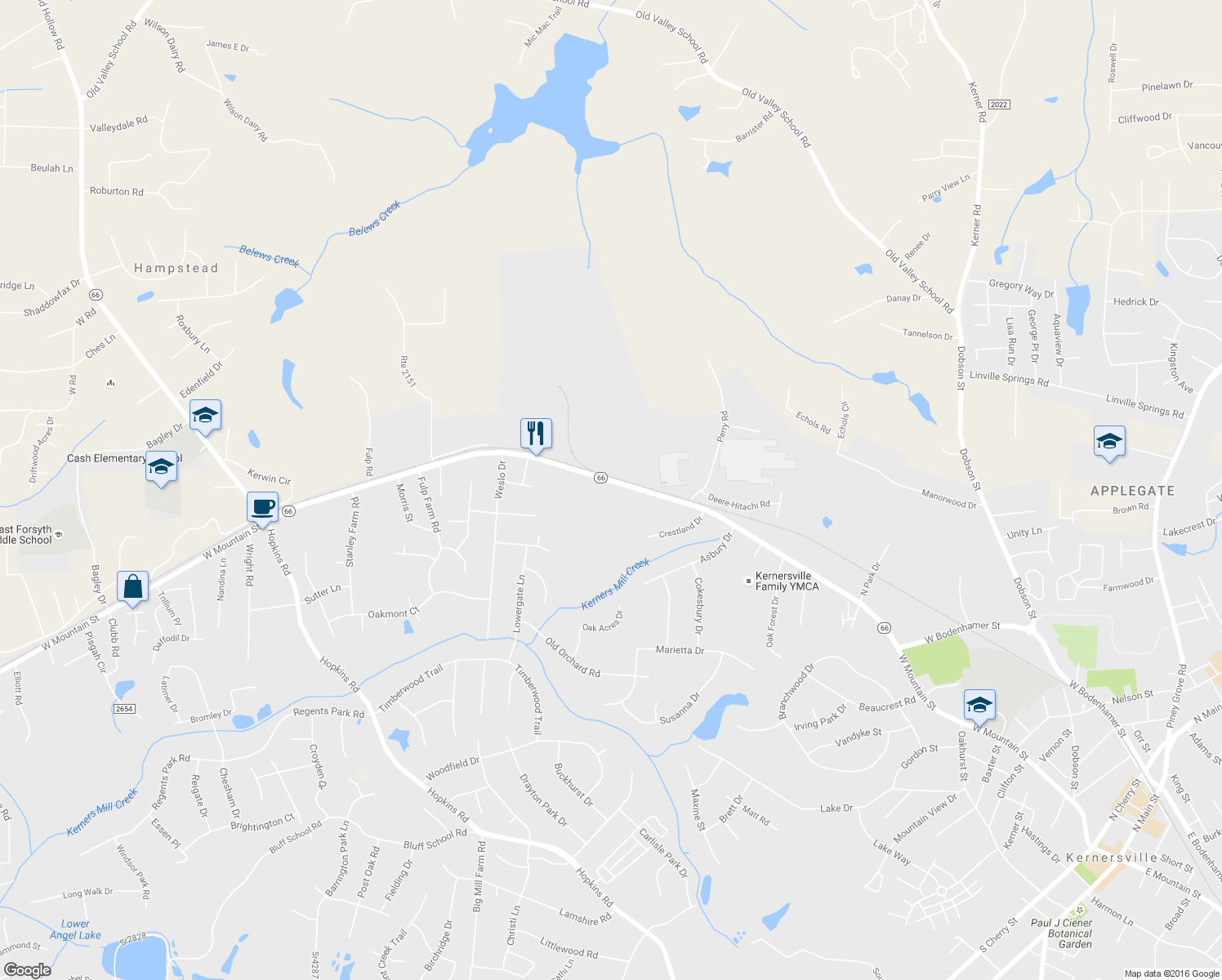 map of restaurants, bars, coffee shops, grocery stores, and more near 1421 West Mountain Street in Kernersville