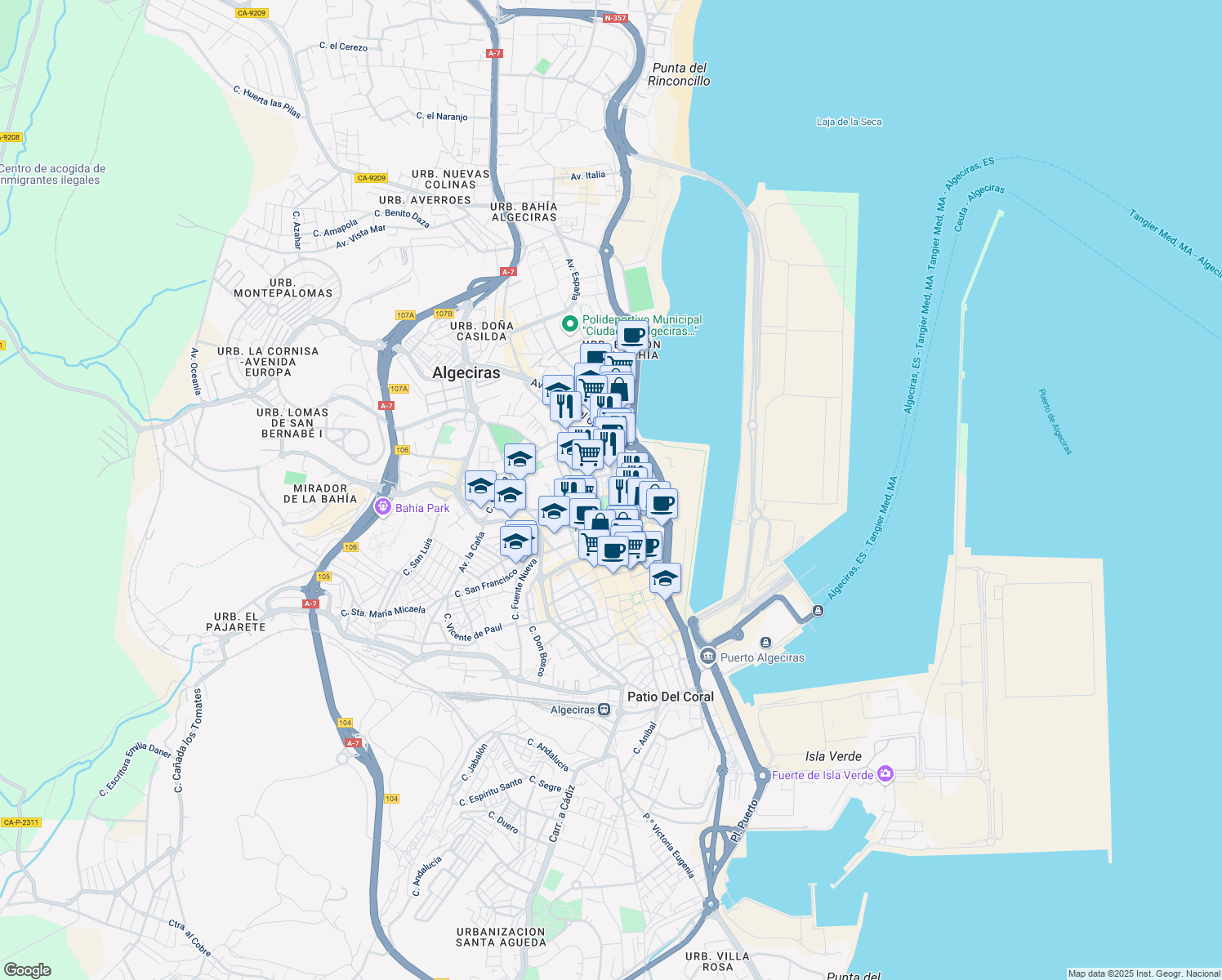 map of restaurants, bars, coffee shops, grocery stores, and more near 1 Avenida Capitán Ontañón in Algeciras