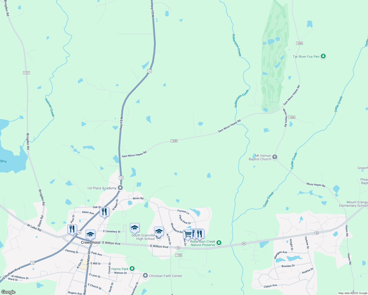 map of restaurants, bars, coffee shops, grocery stores, and more near 2156 Sam Moss Hayes Road in Creedmoor