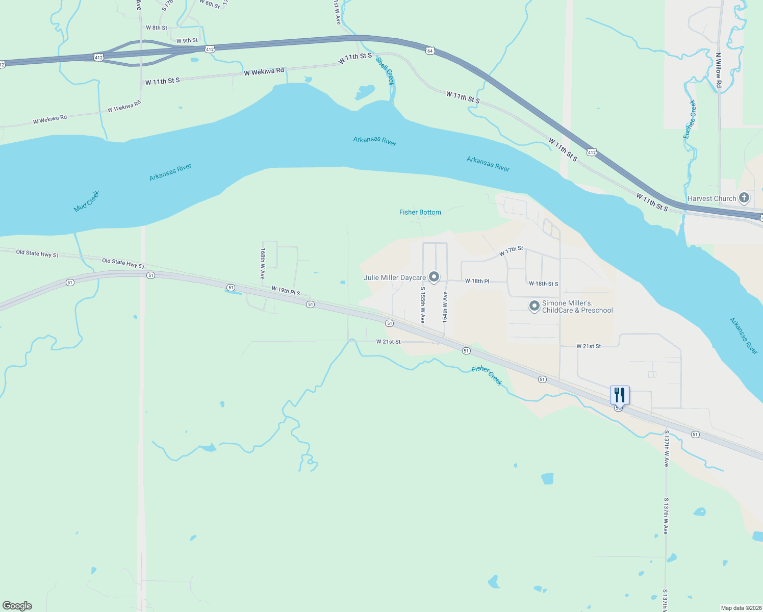 map of restaurants, bars, coffee shops, grocery stores, and more near 15815 West 19th Place in Sand Springs
