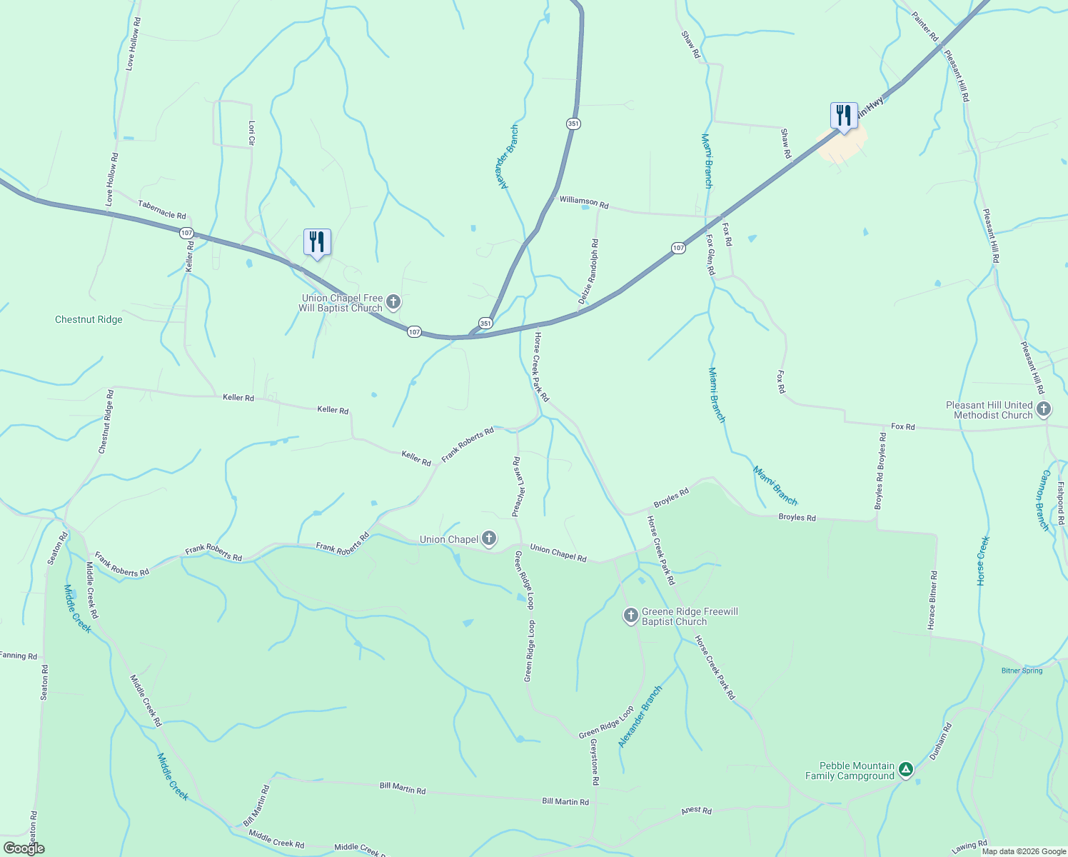 map of restaurants, bars, coffee shops, grocery stores, and more near 131 Frank Roberts Road in Chuckey