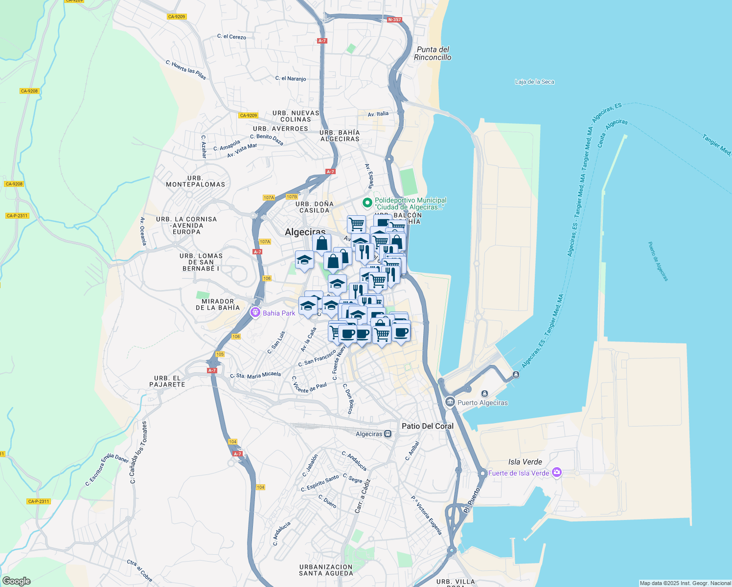 map of restaurants, bars, coffee shops, grocery stores, and more near 25 Avenida Fuerzas Armadas in Algeciras