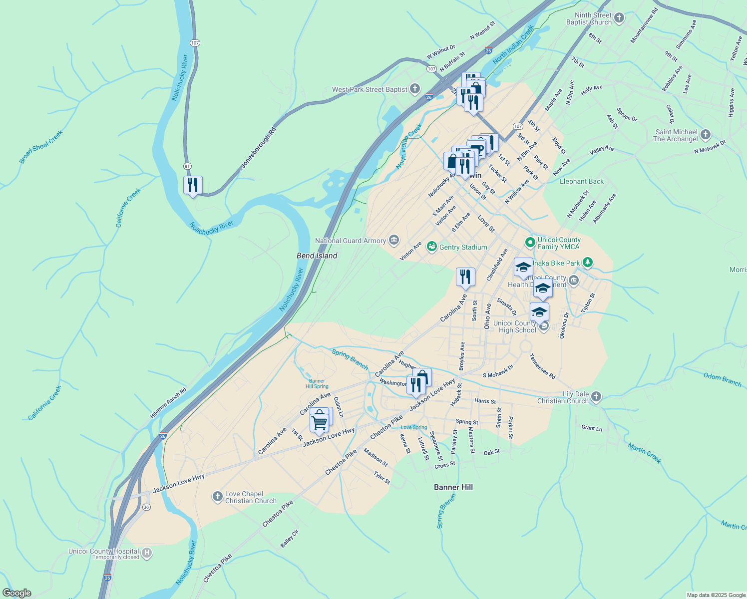 map of restaurants, bars, coffee shops, grocery stores, and more near 843 South Elm Avenue in Erwin