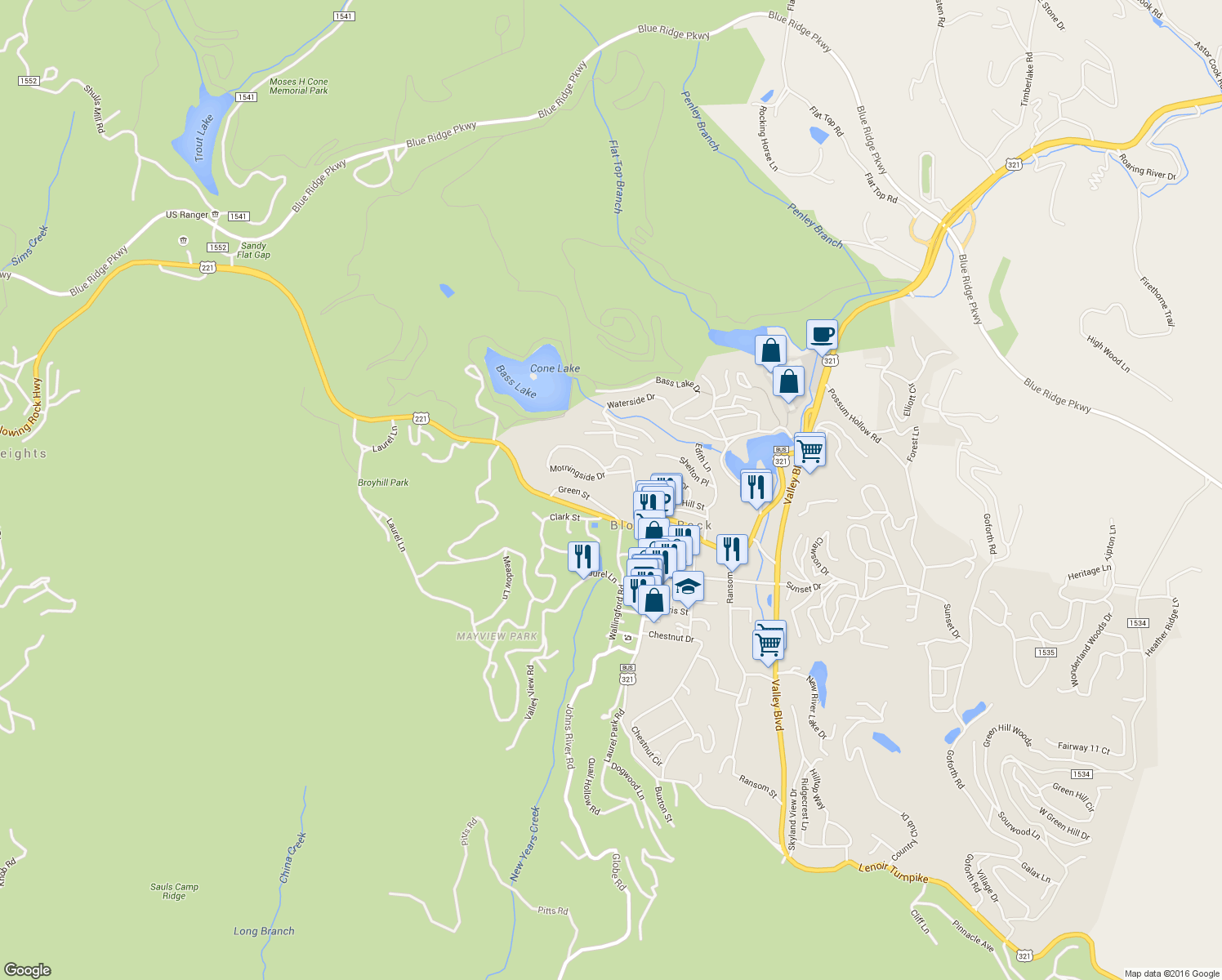 map of restaurants, bars, coffee shops, grocery stores, and more near 225 Shady Lane in Blowing Rock