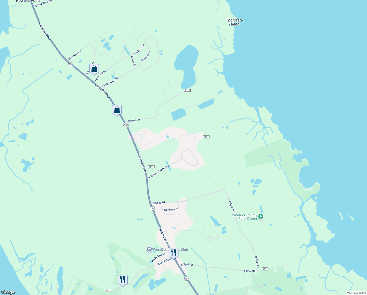 map of restaurants, bars, coffee shops, grocery stores, and more near 127 Pinewood Acres Drive in Powells Point