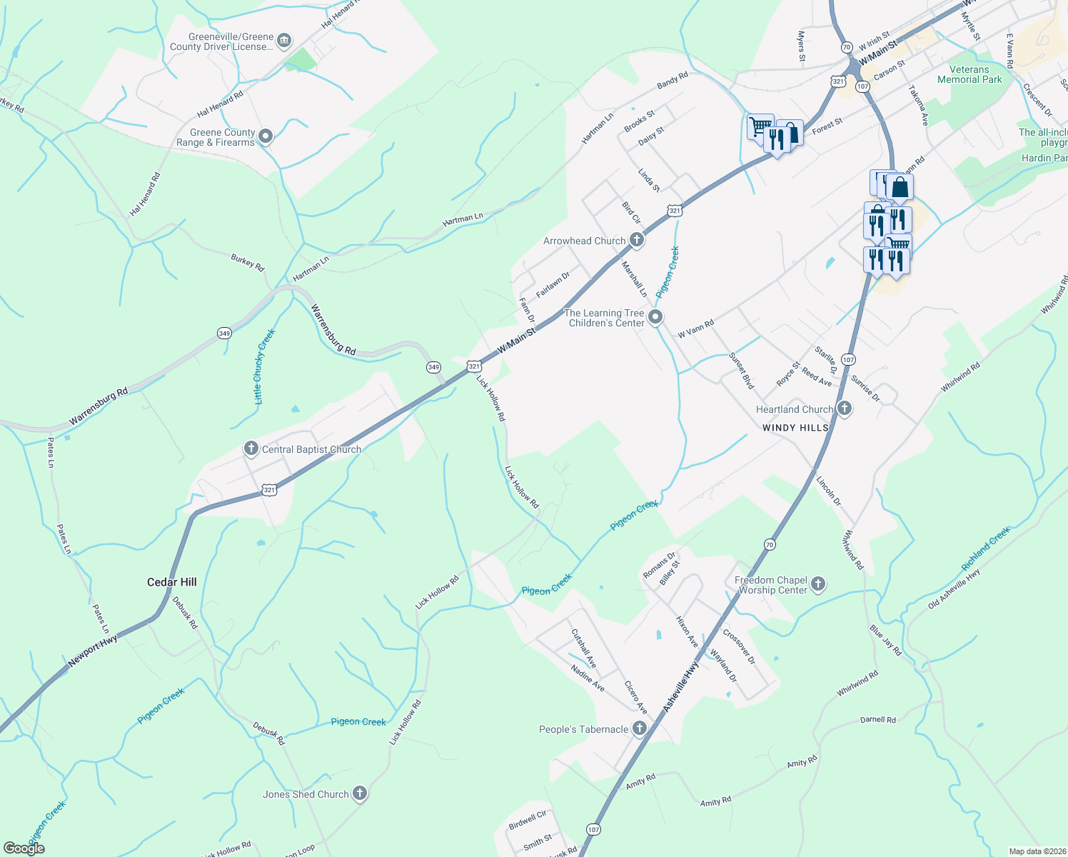 map of restaurants, bars, coffee shops, grocery stores, and more near 215 Lick Hollow Road in Greeneville