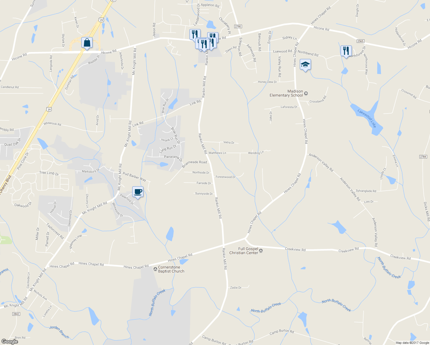 map of restaurants, bars, coffee shops, grocery stores, and more near 1706 Rankin Mill Road in Greensboro