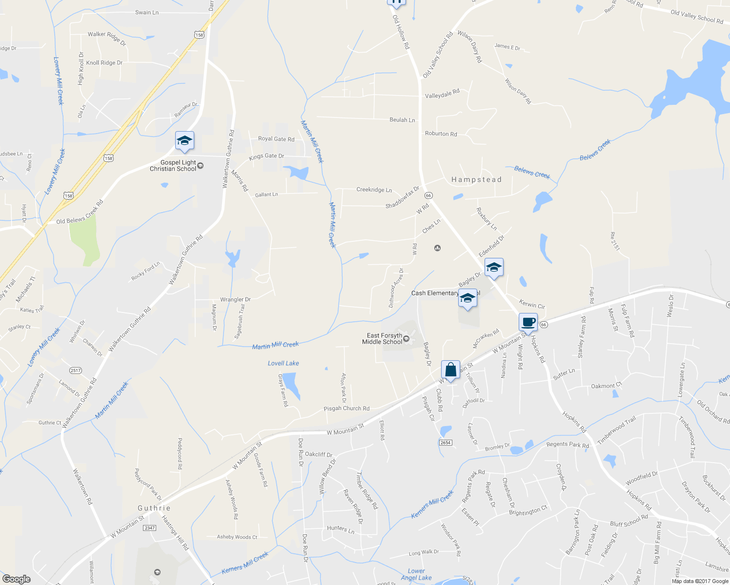 map of restaurants, bars, coffee shops, grocery stores, and more near 4982 West Road in Kernersville