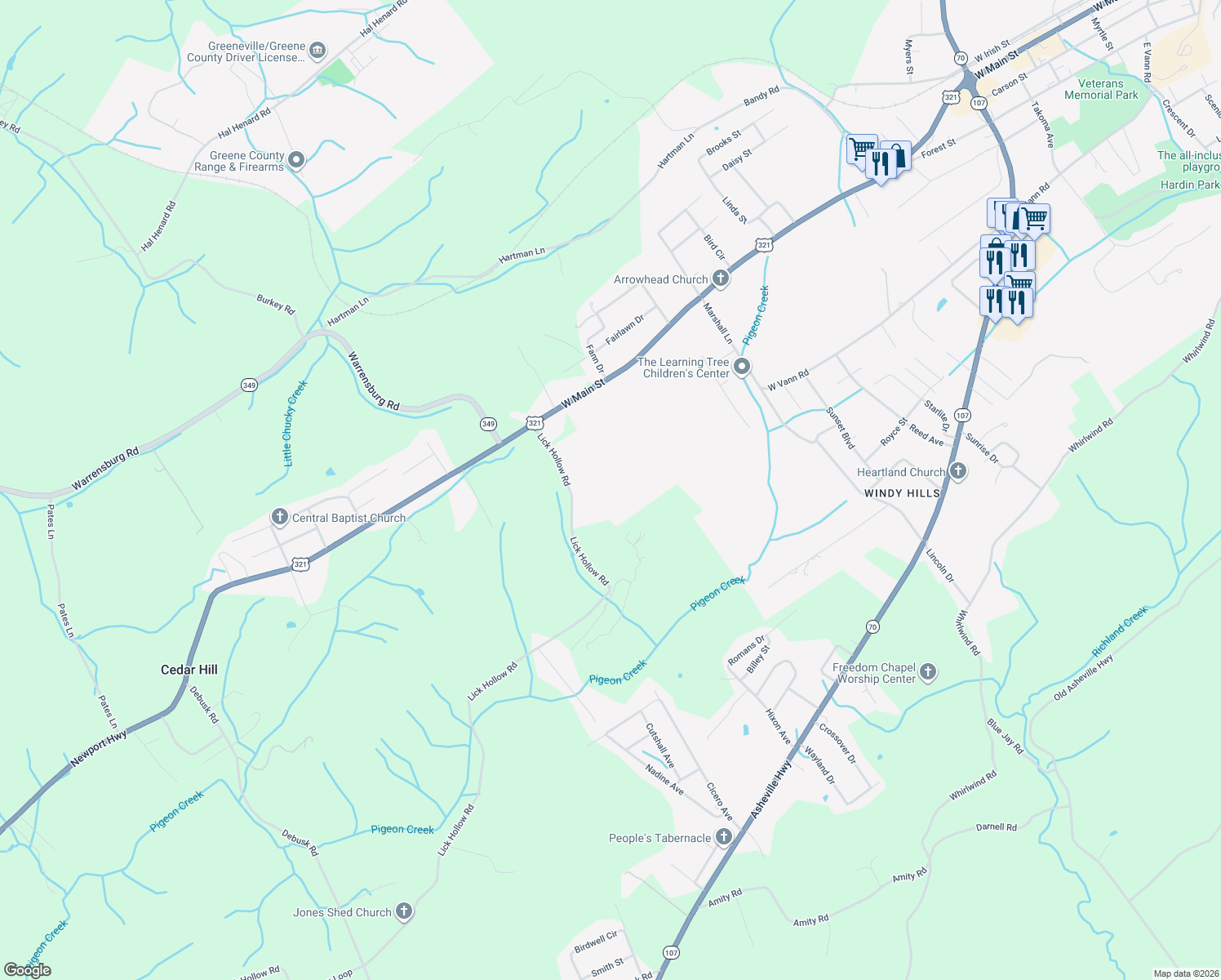 map of restaurants, bars, coffee shops, grocery stores, and more near 215 Lick Hollow Road in Greeneville