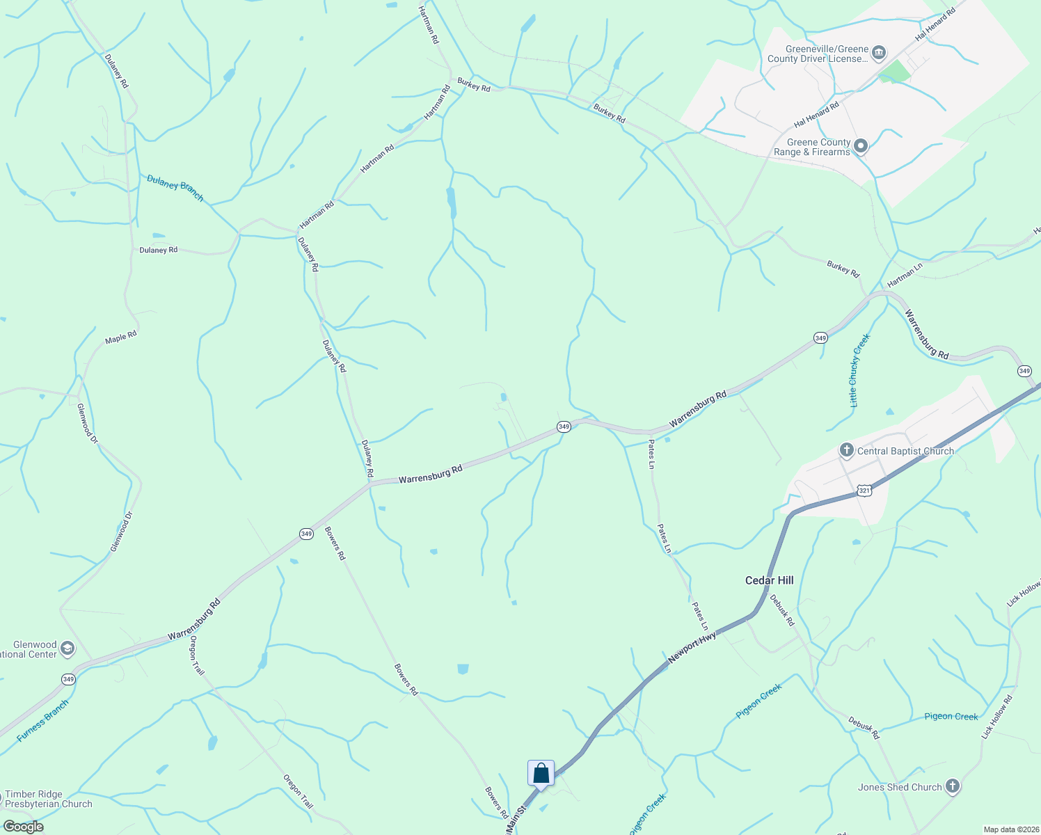 map of restaurants, bars, coffee shops, grocery stores, and more near 2040 Warrensburg Road in Greeneville