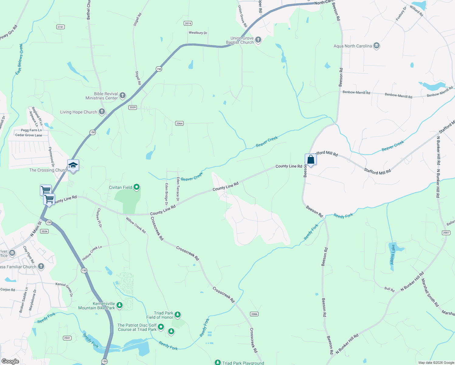 map of restaurants, bars, coffee shops, grocery stores, and more near 9129 County Line Road in Kernersville