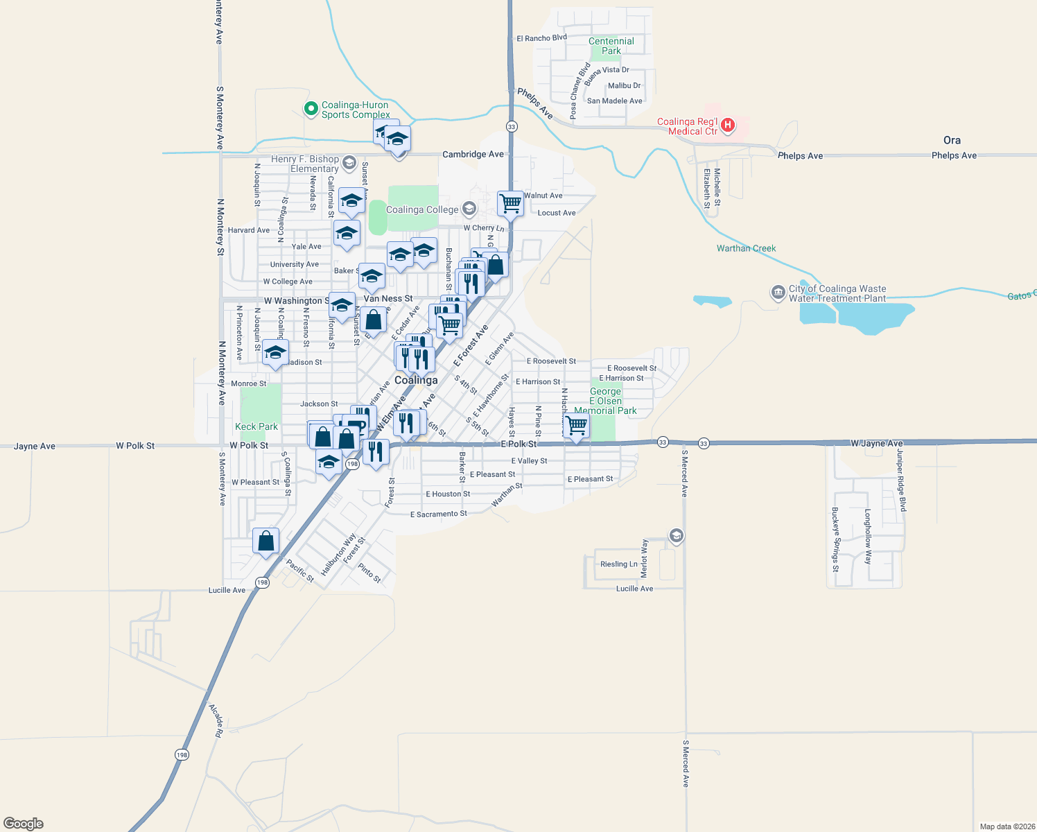 map of restaurants, bars, coffee shops, grocery stores, and more near 240 Hayes Street in Coalinga