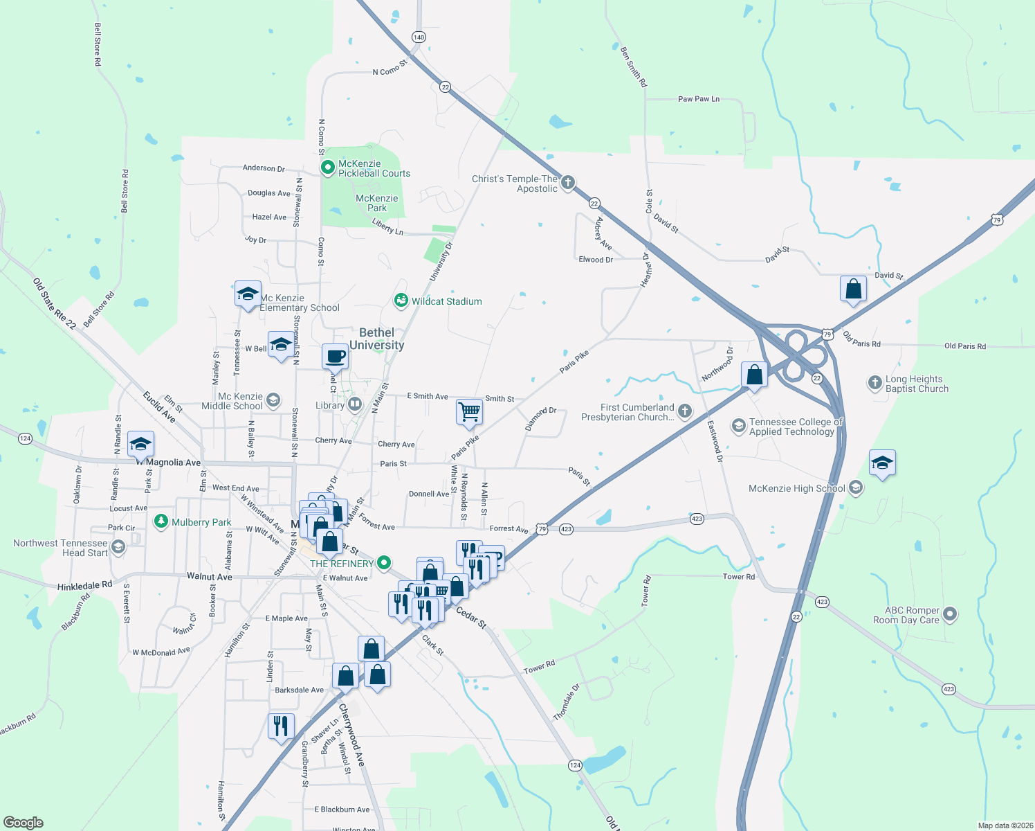 map of restaurants, bars, coffee shops, grocery stores, and more near 288 Paris Pike in McKenzie