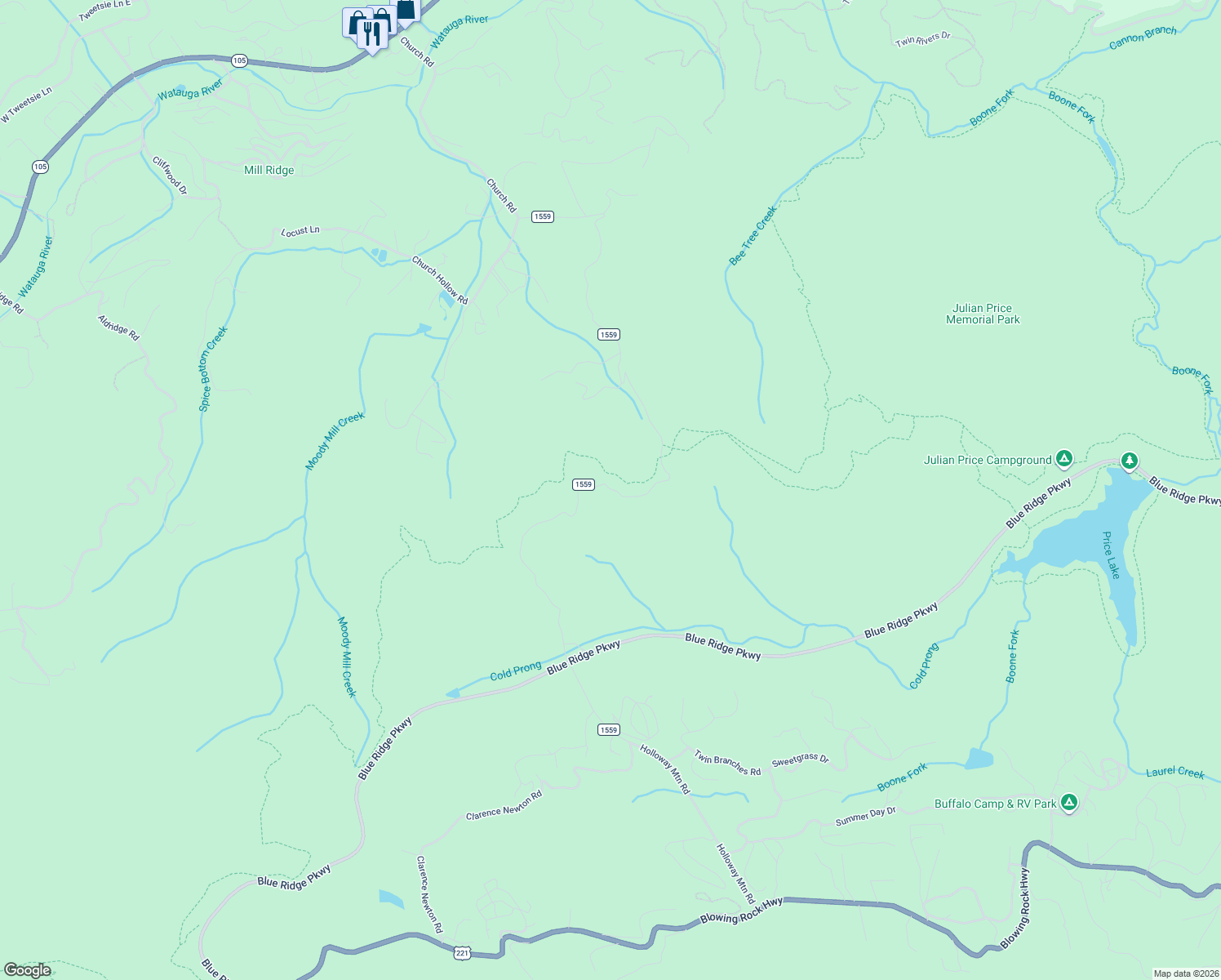 map of restaurants, bars, coffee shops, grocery stores, and more near Holloway Mountain Road in Boone