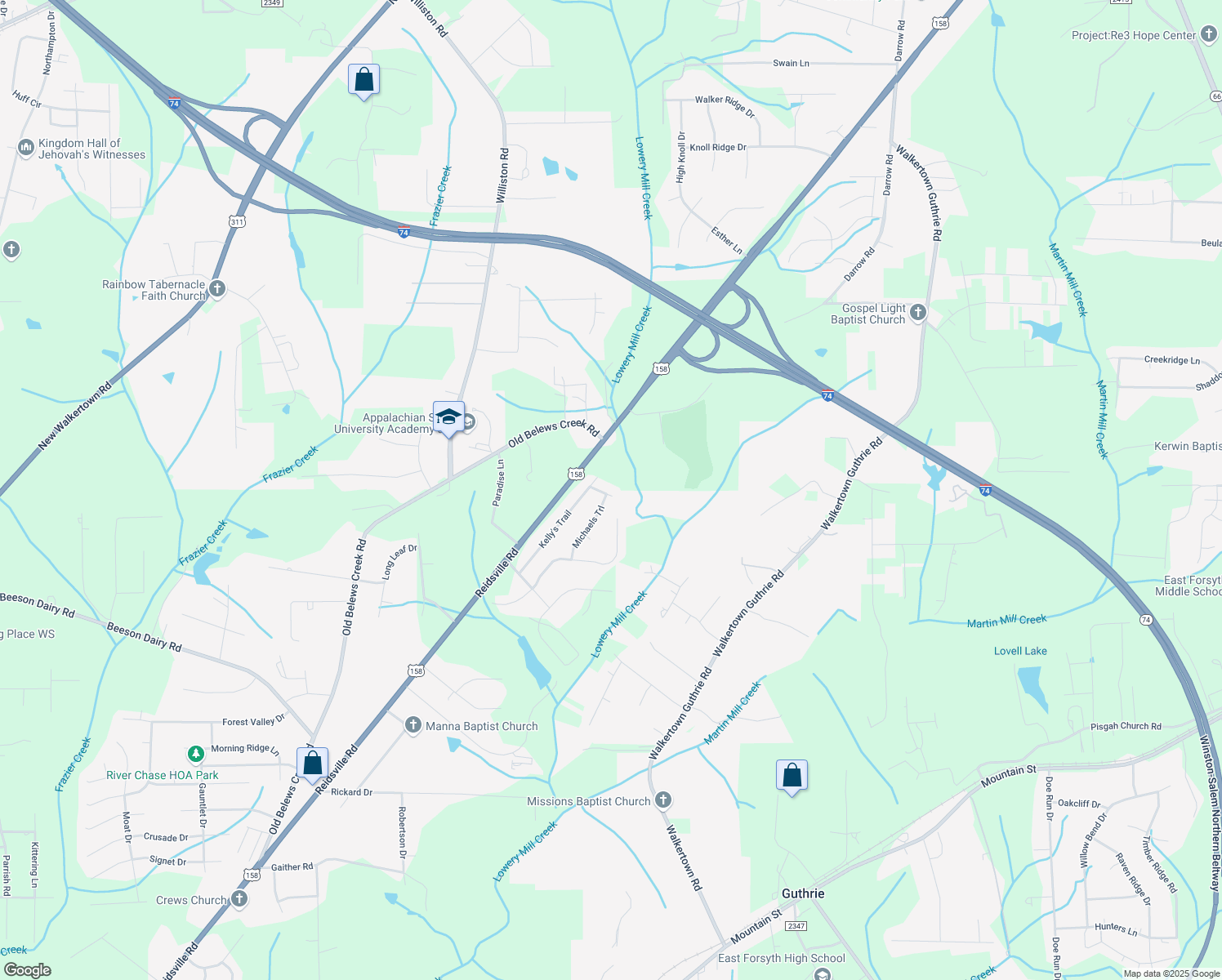 map of restaurants, bars, coffee shops, grocery stores, and more near 4689 Kellys Trail Court in Winston-Salem