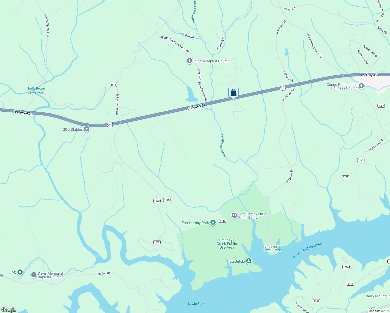 map of restaurants, bars, coffee shops, grocery stores, and more near 591 Fox Road in Wilkesboro