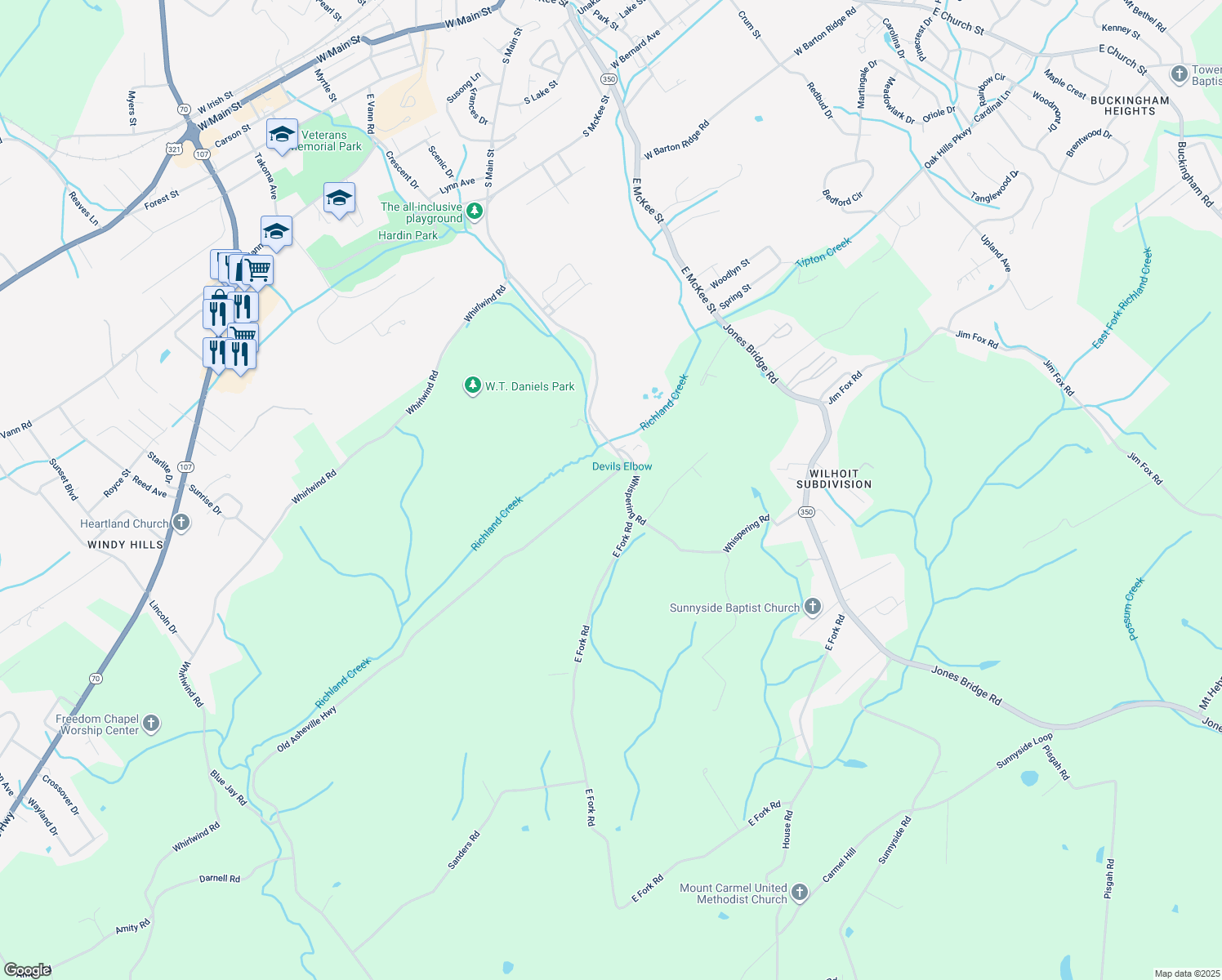 map of restaurants, bars, coffee shops, grocery stores, and more near 1645 Old Asheville Highway in Greeneville